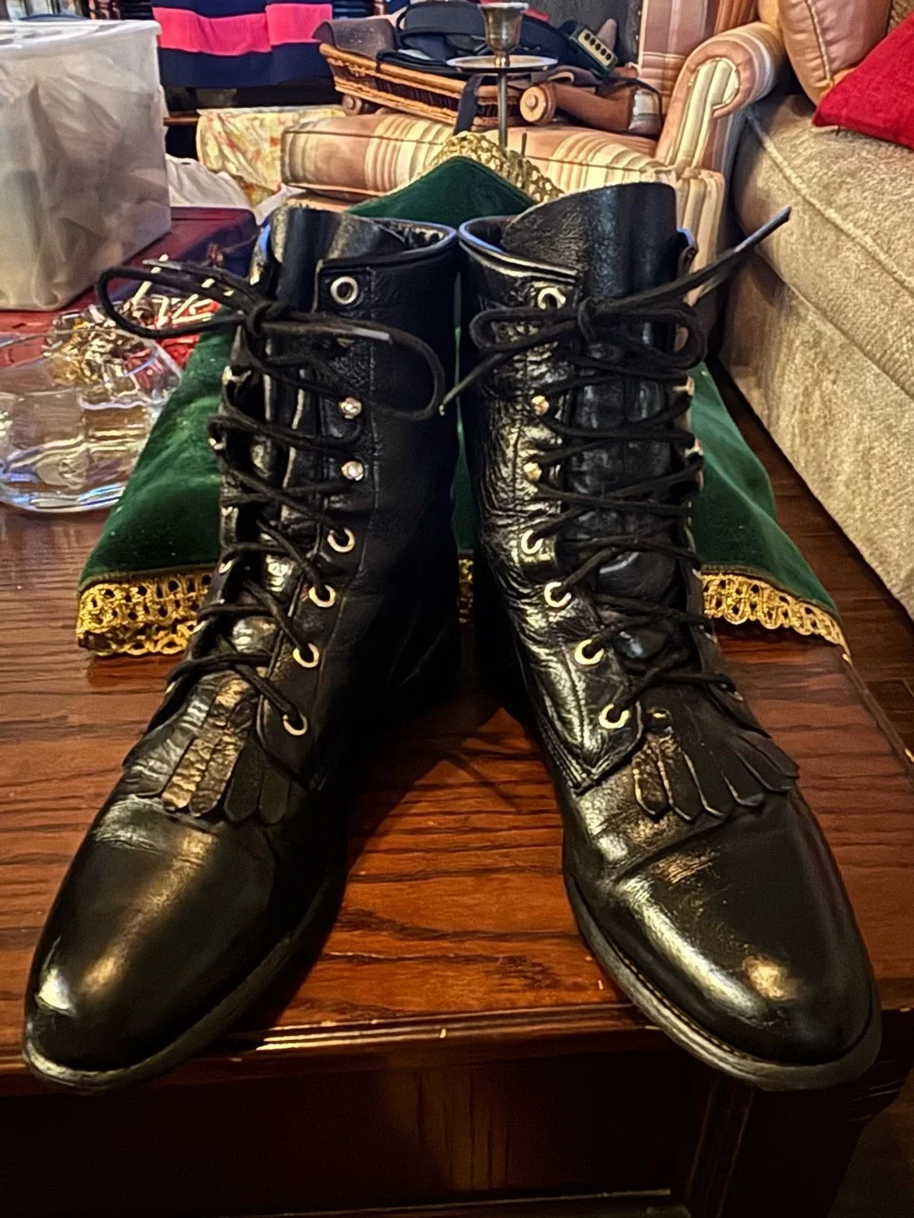 Vintage Justin 506 Black Leather Kiltie Lace Up Roper Cowboy Boots Mens 8.5